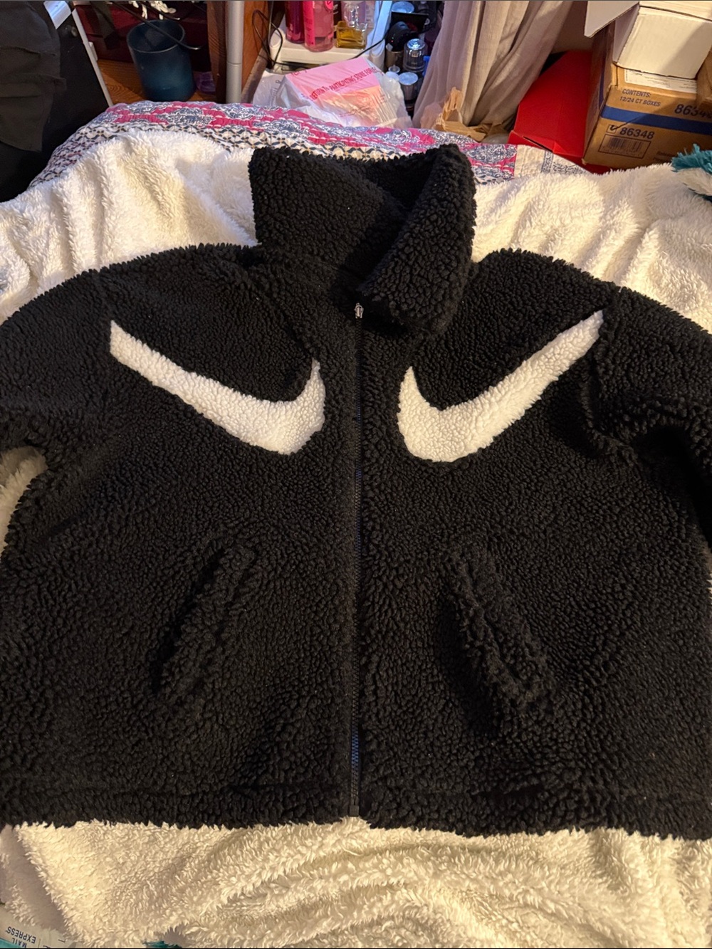 Nike Black Sherpa Jacket with White Swoosh Accents